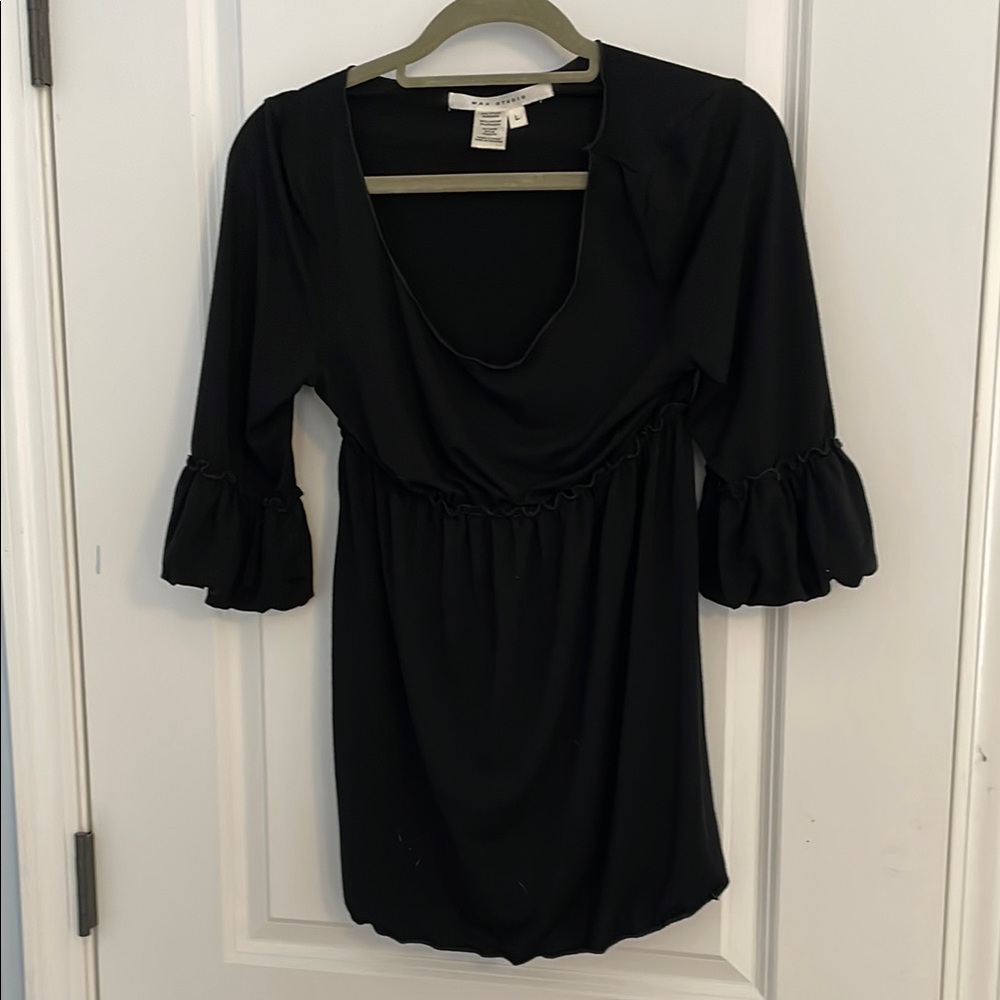 Max Studio Black Blouse with Bell Sleeves and Ruffled Fitted Style